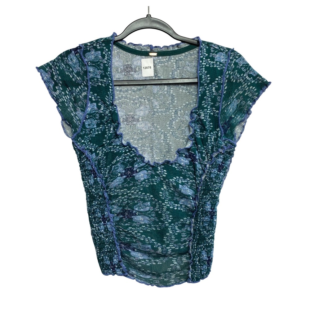 Free People Top Womens M Green Floral Smocked Lettuce Edge Scoop Neck